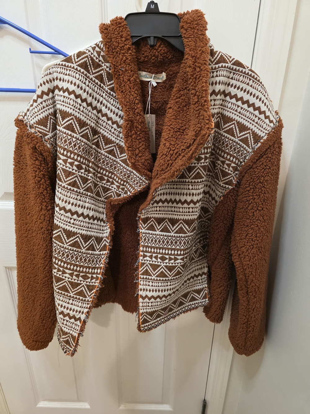 Southern Grace Rust Brown Sherpa Jacket with Cream Aztec Panels